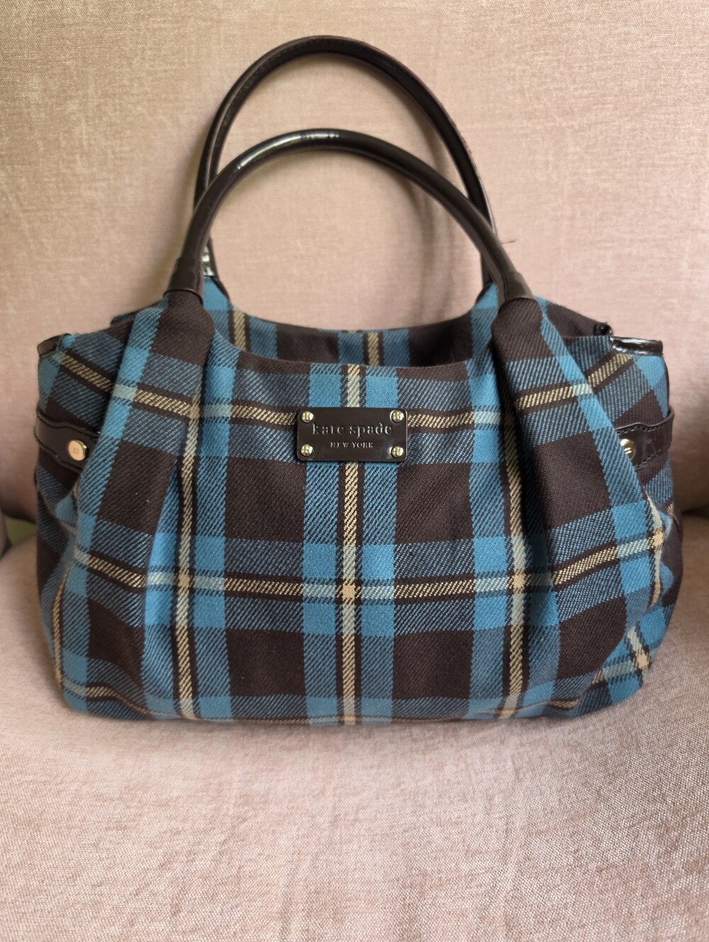 Kate Spade Stevie Charlton Street Satchel Tote in Teal Brown Plaid